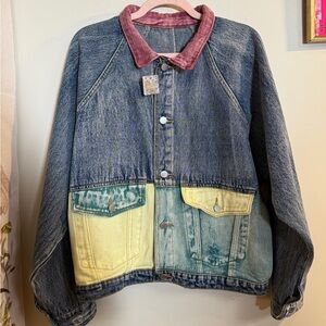 Colorblock Denim Jacket with Pink Corduroy Collar
